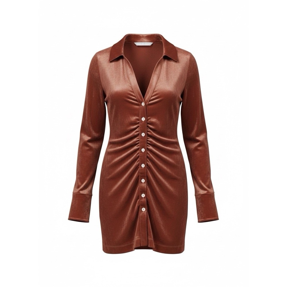 Free People Shayla Velour Mini Dress Copper Ruched Button Front Small